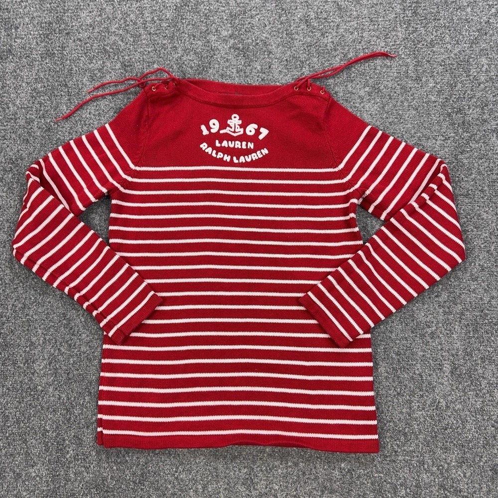 Lauren Ralph Lauren Sweater Petite XS Red Boat Neck Striped Nautical Anchor